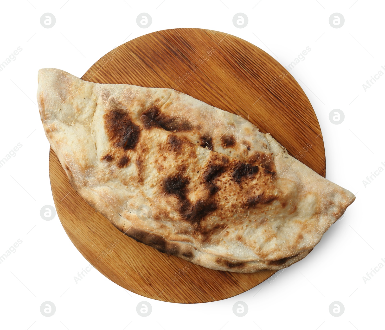 Photo of One delicious calzone isolated on white, top view