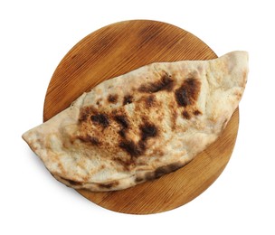 One delicious calzone isolated on white, top view