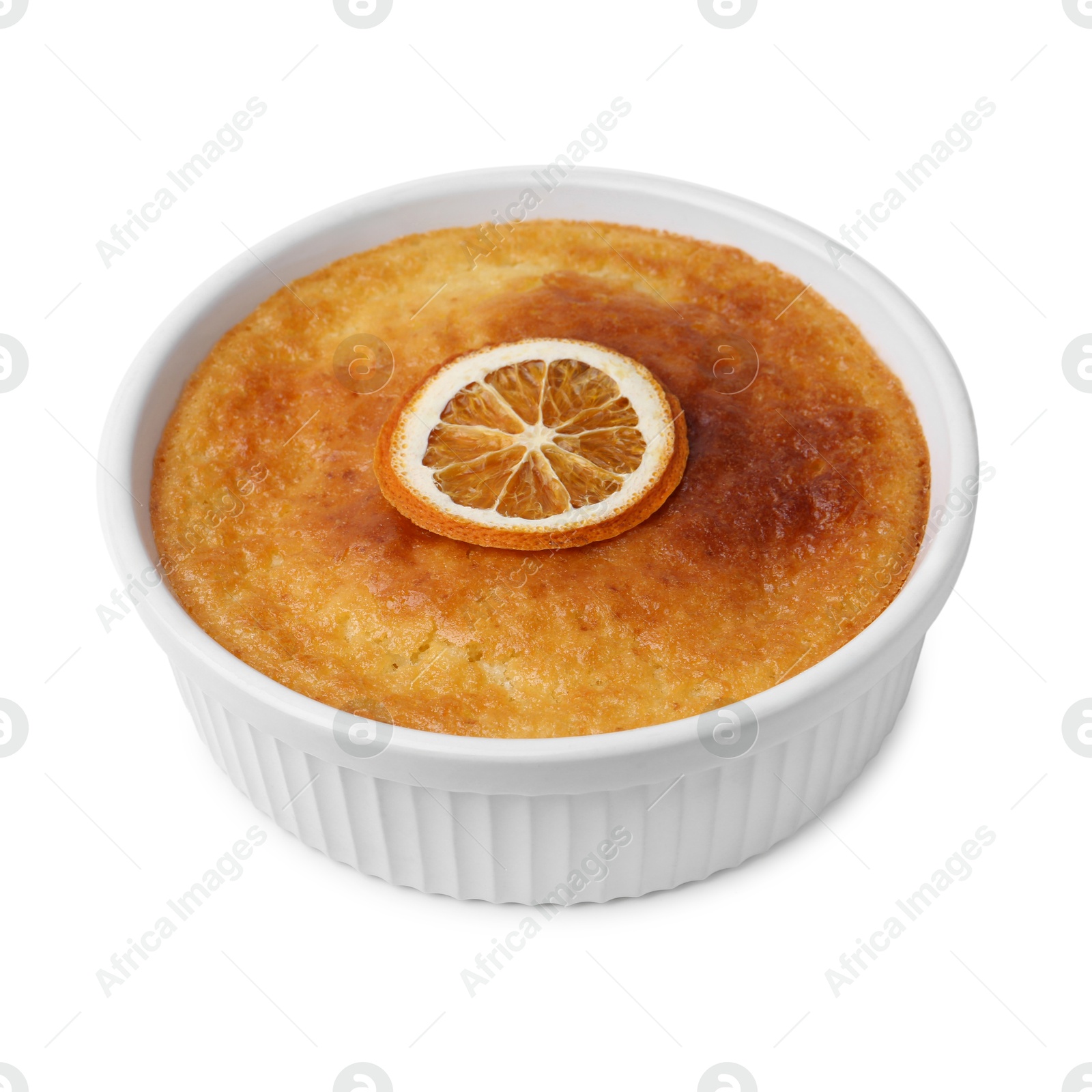 Photo of Tasty homemade semolina cake isolated on white