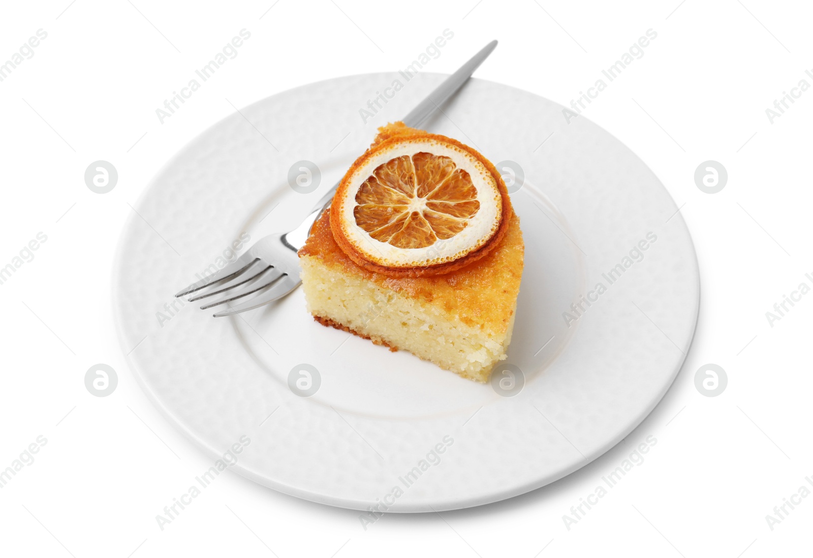 Photo of Slice of tasty homemade semolina cake and fork isolated on white