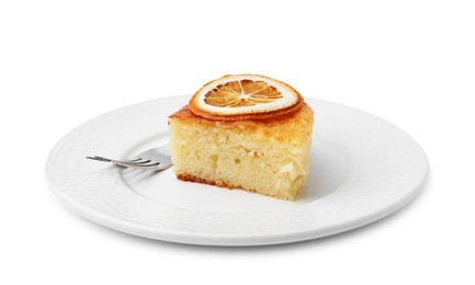 Photo of Slice of tasty homemade semolina cake and fork isolated on white