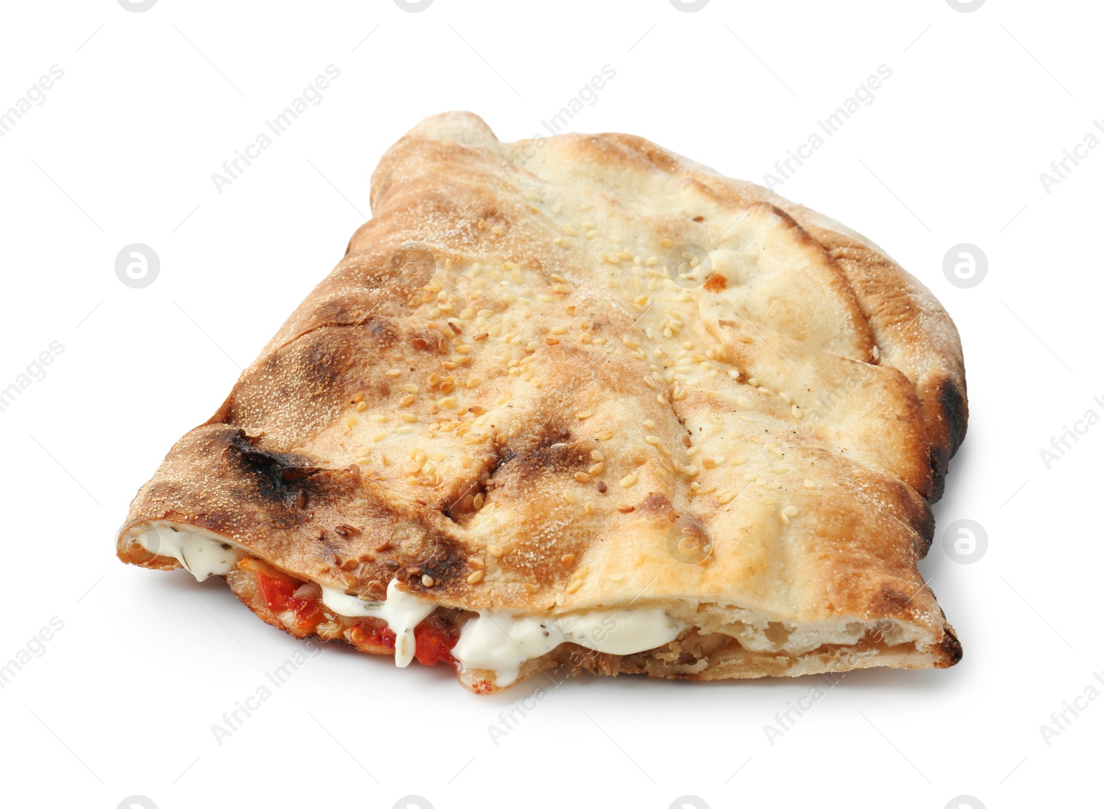 Photo of Half of tasty calzone with meat, cheese, sauce and tomato isolated on white