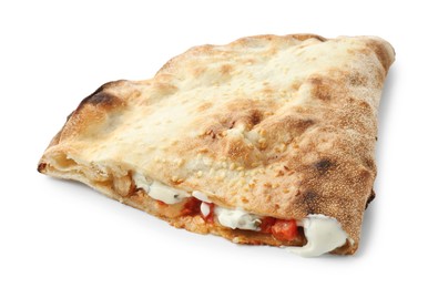 Photo of Half of tasty calzone with meat, cheese, sauce and tomato isolated on white