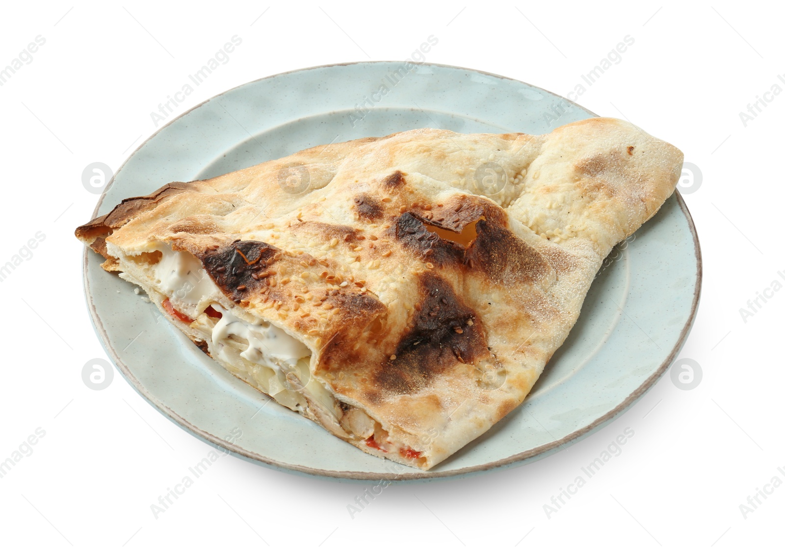 Photo of Half of tasty calzone with meat, cheese, sauce and tomato isolated on white