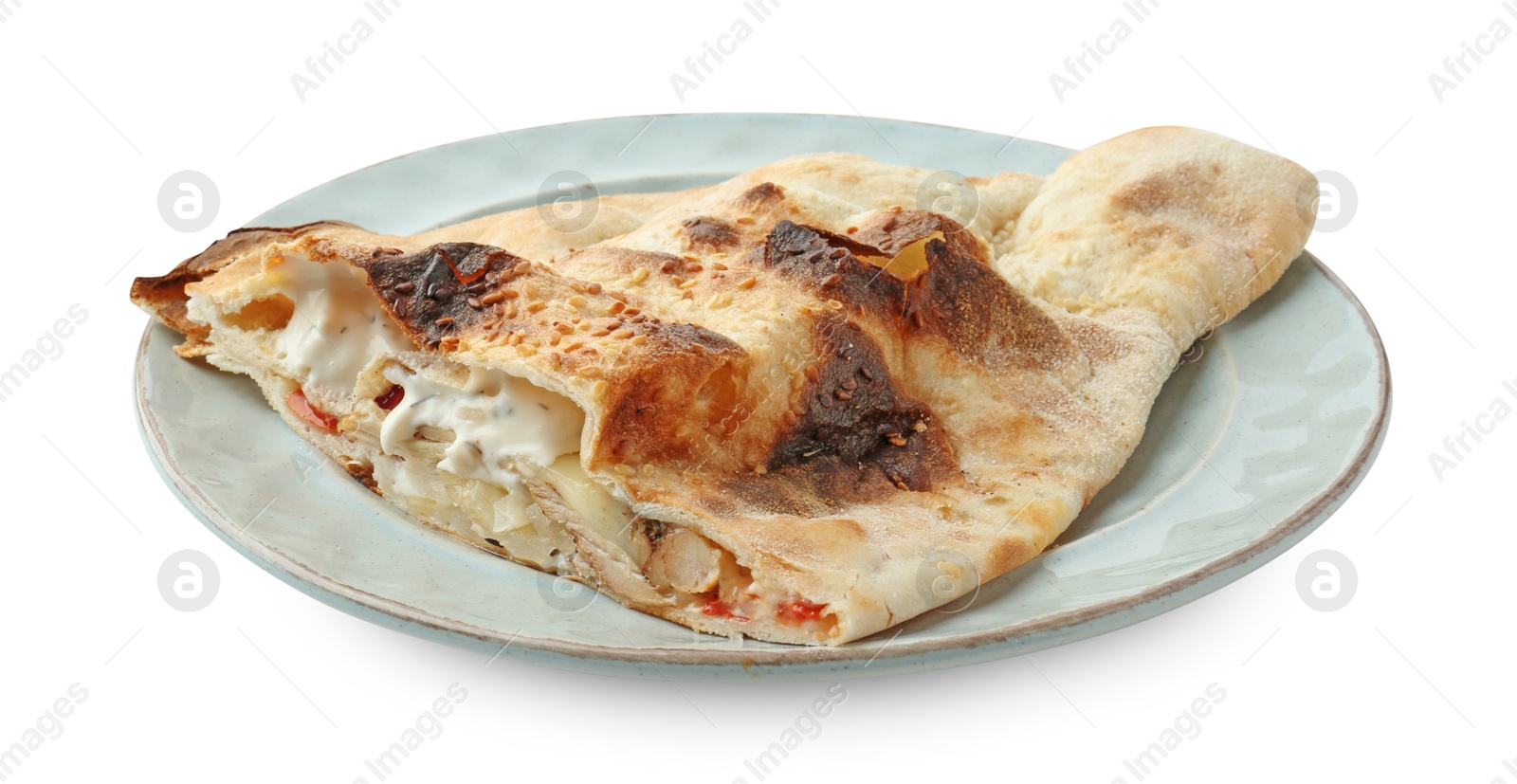 Photo of Half of tasty calzone with meat, cheese, sauce and tomato isolated on white