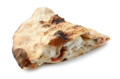 Photo of Half of tasty calzone with meat, cheese, sauce and tomato isolated on white