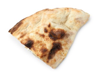 Photo of Half of tasty calzone isolated on white, top view