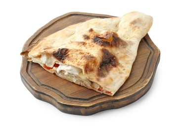 Photo of Half of tasty calzone with meat, cheese, sauce and tomato isolated on white