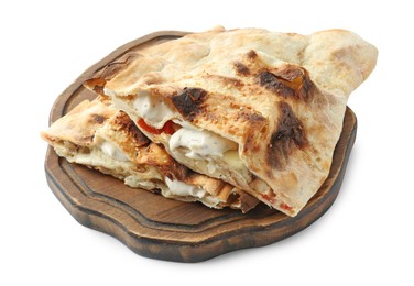 Photo of Halves of tasty calzone with meat, cheese, sauce and tomato isolated on white