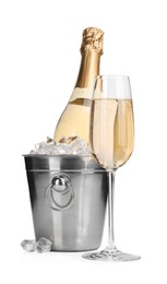 Photo of Champagne and bucket with ice isolated on white