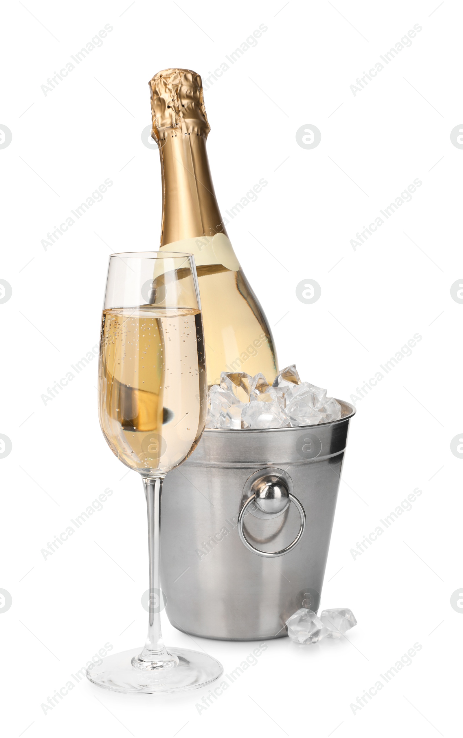 Photo of Champagne and bucket with ice isolated on white