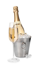 Photo of Champagne and bucket with ice isolated on white