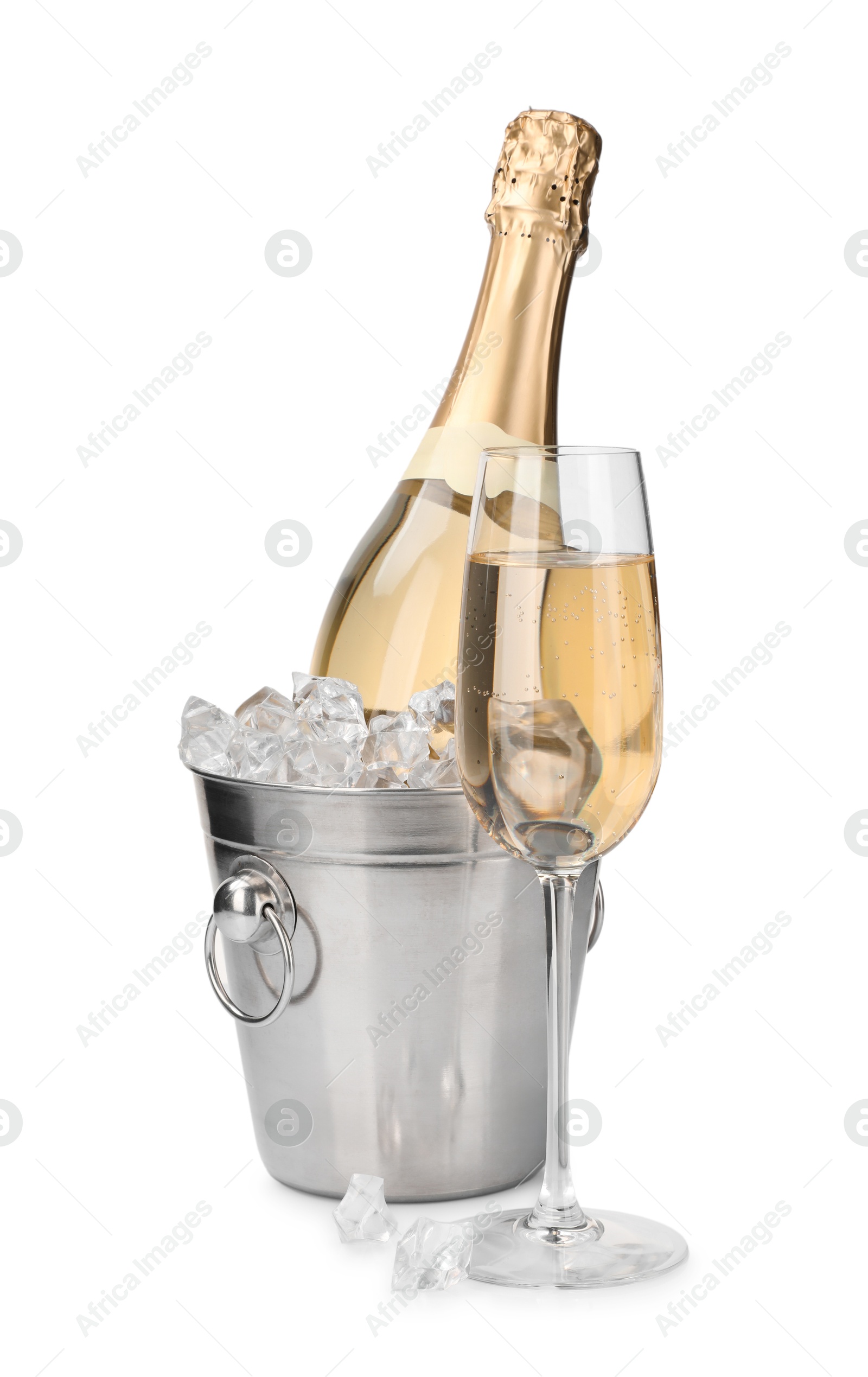 Photo of Champagne and bucket with ice isolated on white