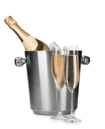 Photo of Champagne and bucket with ice isolated on white