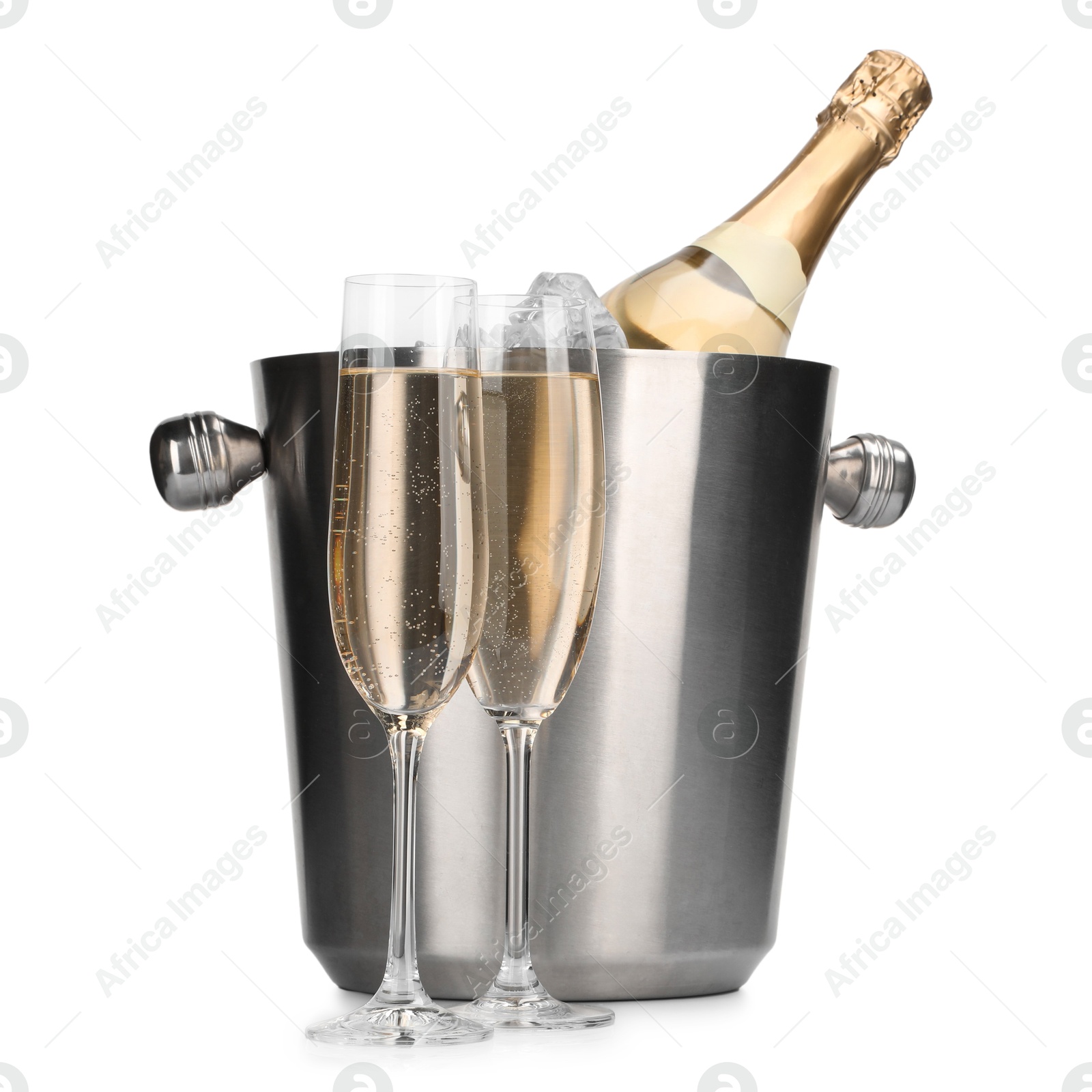 Photo of Champagne and bucket with ice isolated on white