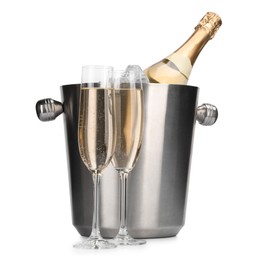 Photo of Champagne and bucket with ice isolated on white