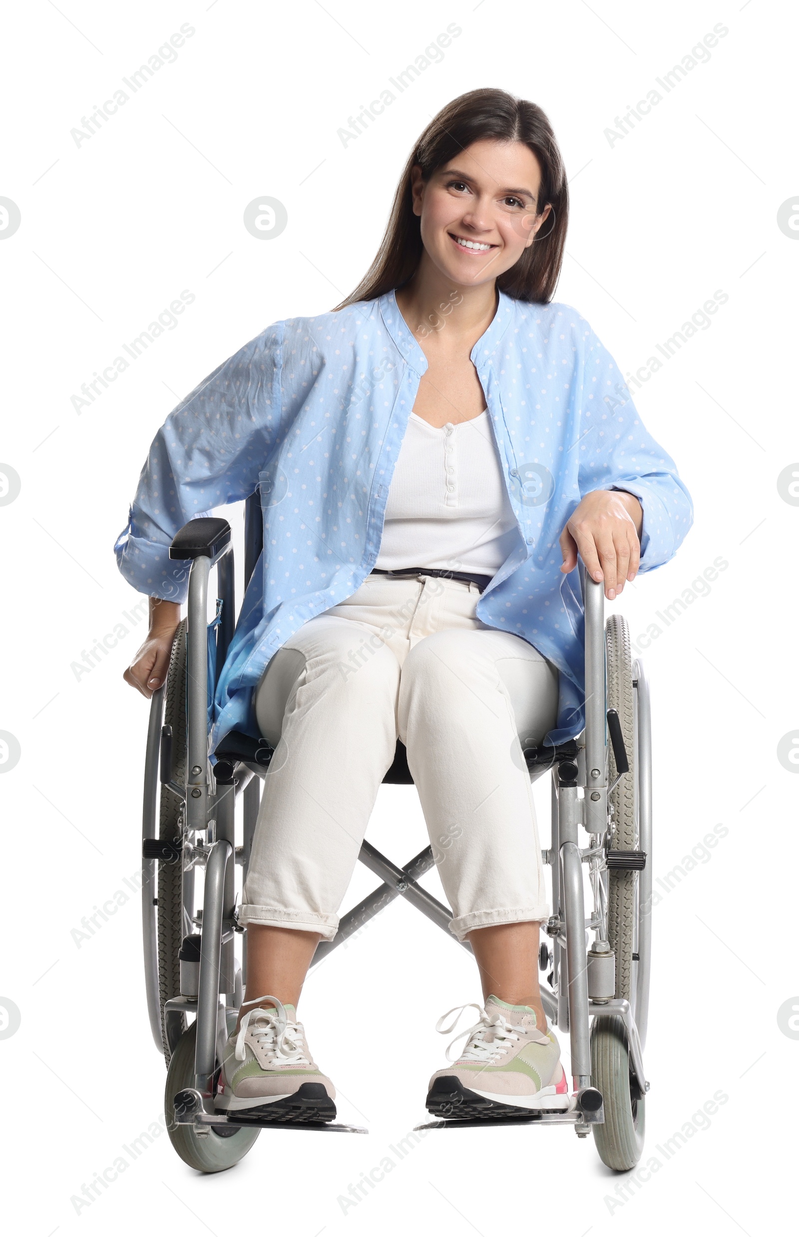 Photo of Smiling woman in wheelchair on white background