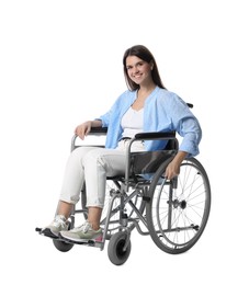 Photo of Smiling woman in wheelchair on white background