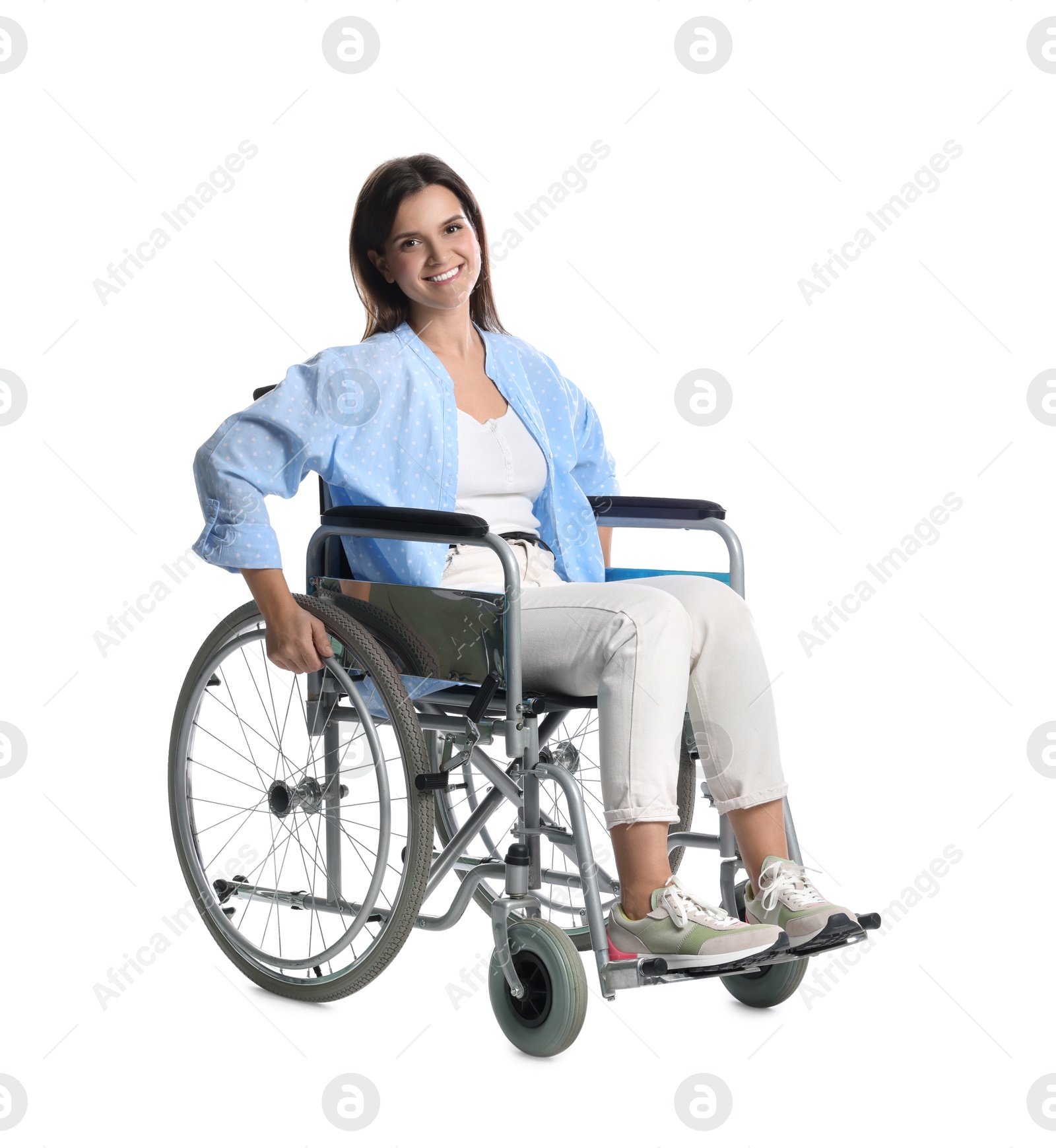 Photo of Smiling woman in wheelchair on white background