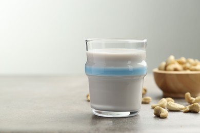 Fresh cashew milk in glass and nuts on grey table, closeup. Space for text