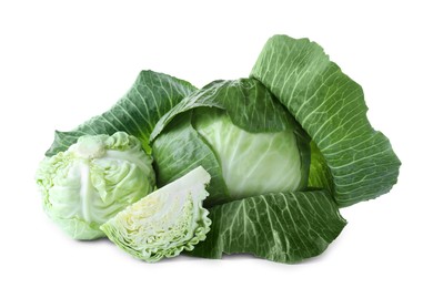 Photo of Whole and cut cabbages isolated on white