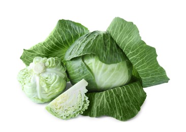 Photo of Whole and cut cabbages isolated on white