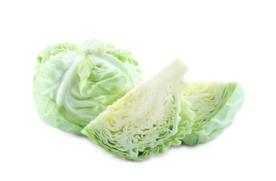 Photo of Whole and cut cabbages isolated on white