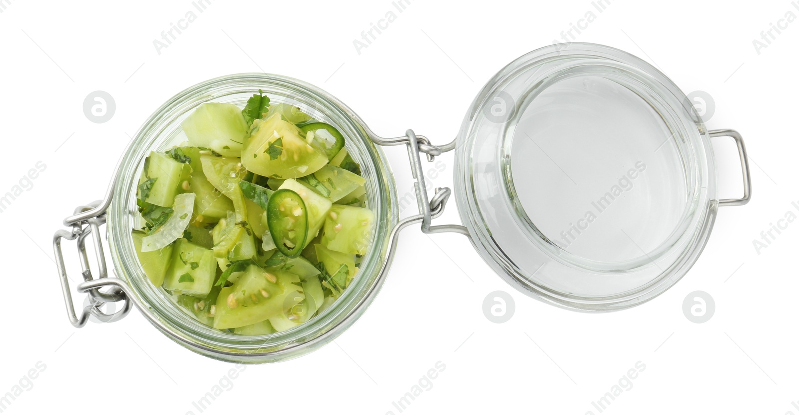 Photo of Delicious homemade green salsa in jar isolated on white, top view