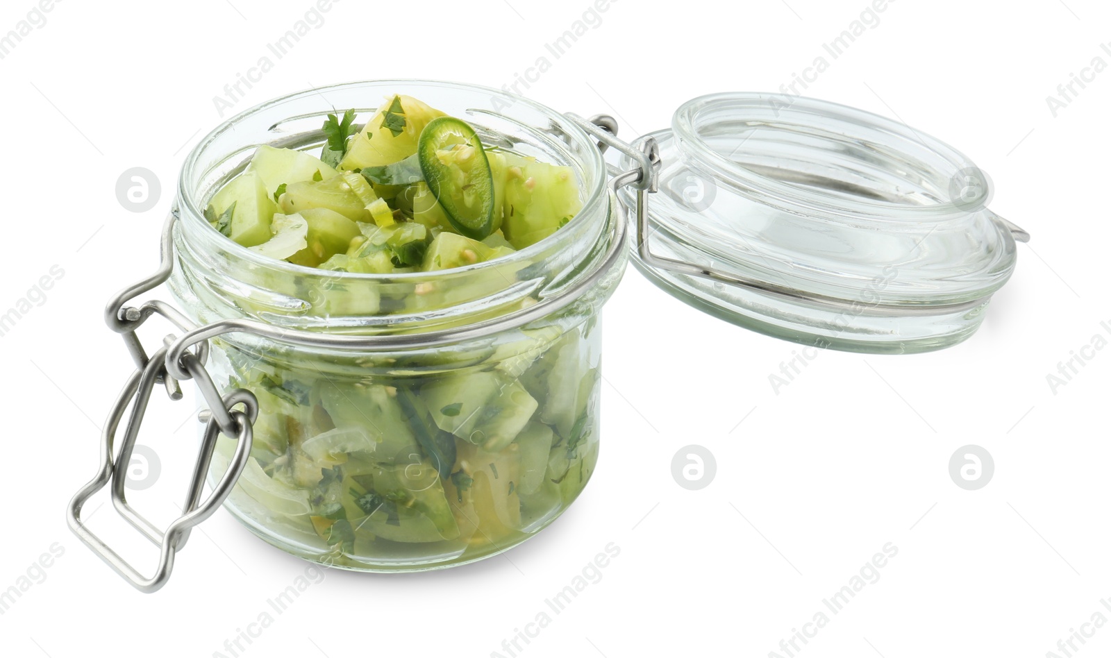 Photo of Delicious homemade green salsa in jar isolated on white