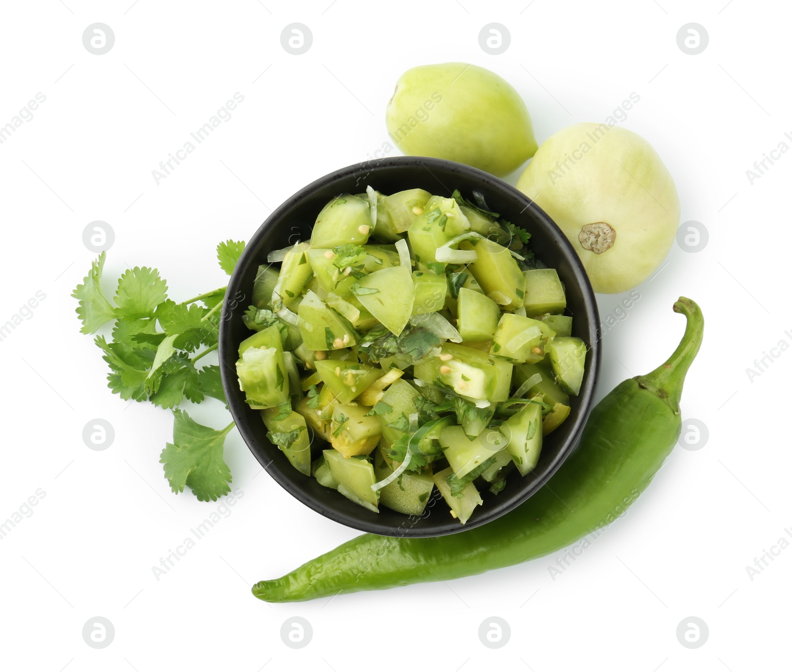 Photo of Delicious homemade green salsa and ingredients isolated on white, top view