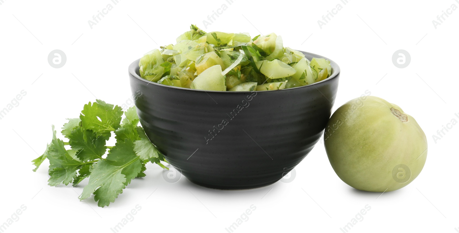 Photo of Delicious homemade green salsa and ingredients isolated on white