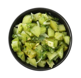 Photo of Delicious homemade green salsa isolated on white, top view