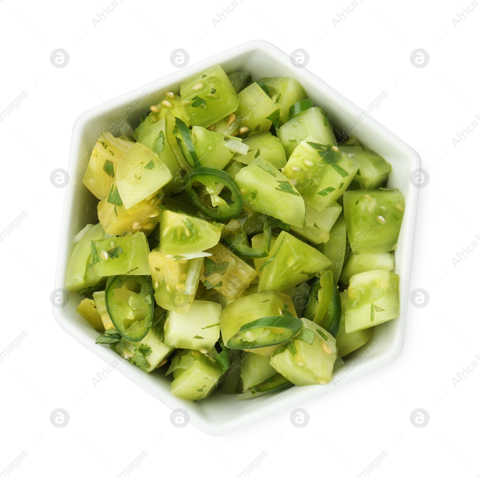 Photo of Delicious homemade green salsa isolated on white, top view