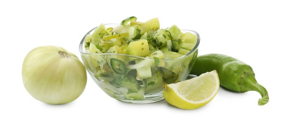 Photo of Delicious homemade green salsa and ingredients isolated on white