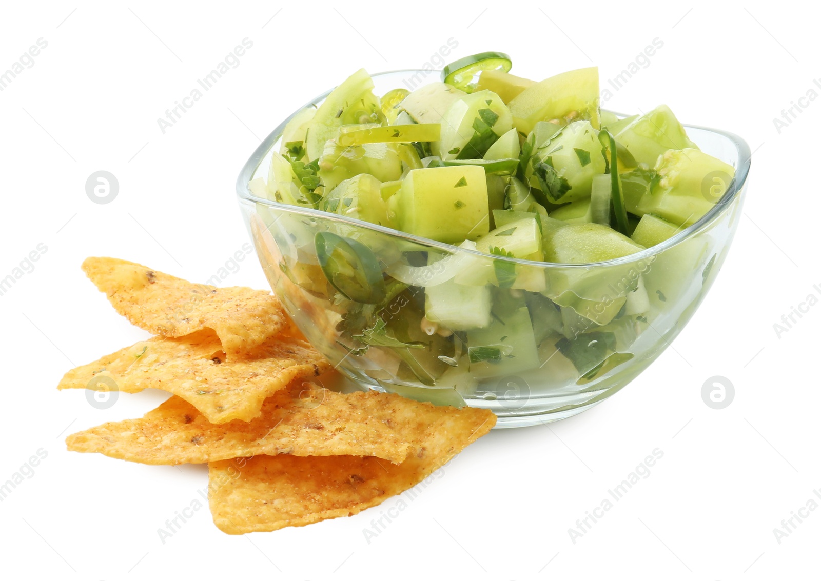 Photo of Delicious homemade green salsa with nachos isolated on white