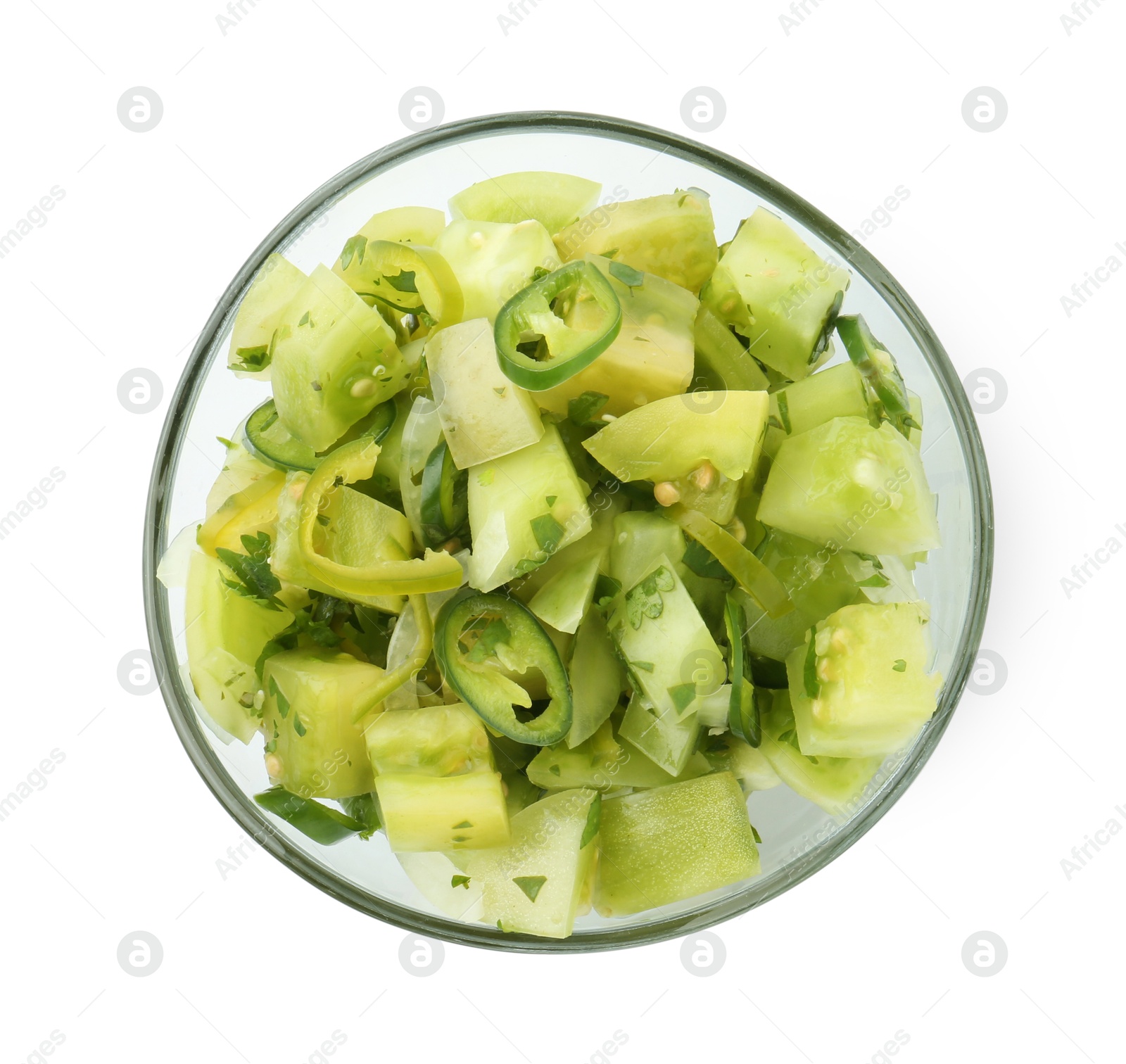 Photo of Delicious homemade green salsa isolated on white, top view