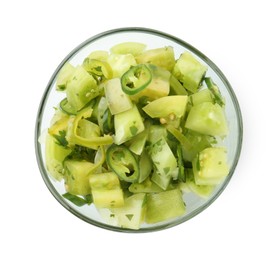 Photo of Delicious homemade green salsa isolated on white, top view