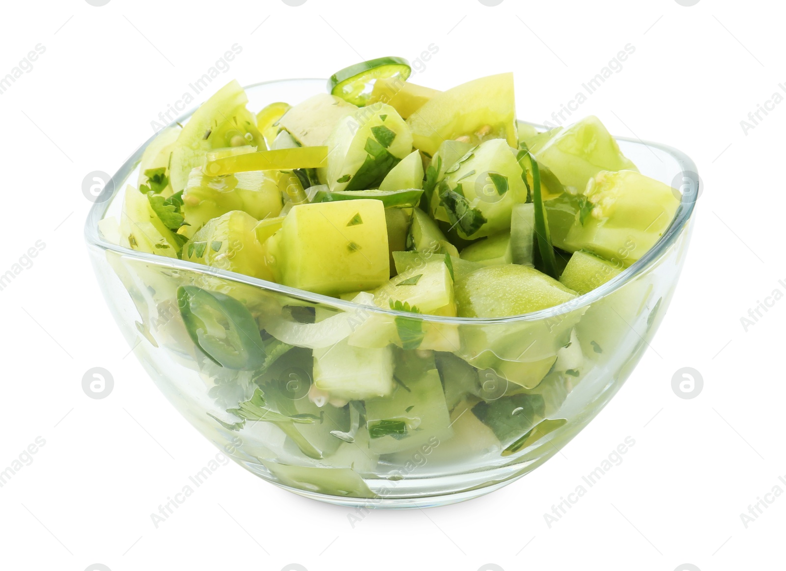 Photo of Delicious homemade green salsa isolated on white