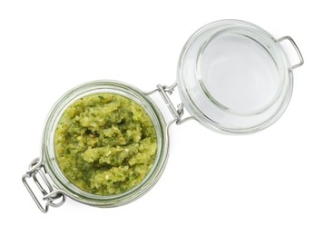 Photo of Delicious homemade green salsa in jar isolated on white, top view