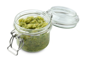 Photo of Delicious homemade green salsa in jar isolated on white