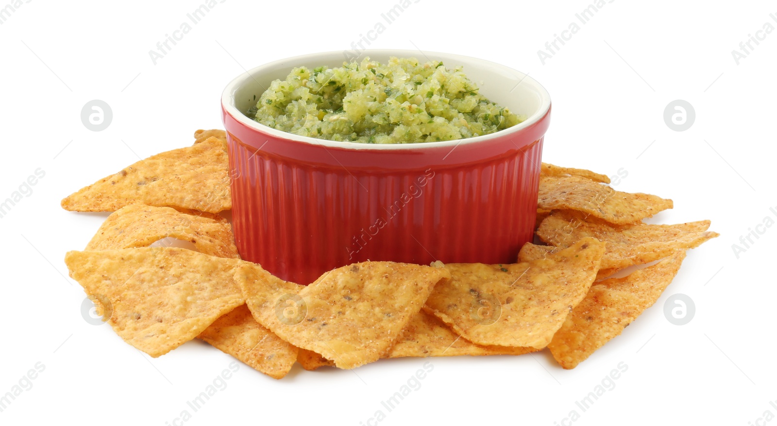 Photo of Delicious homemade green salsa with nachos isolated on white