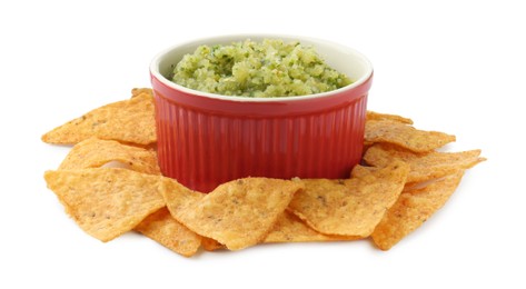 Photo of Delicious homemade green salsa with nachos isolated on white