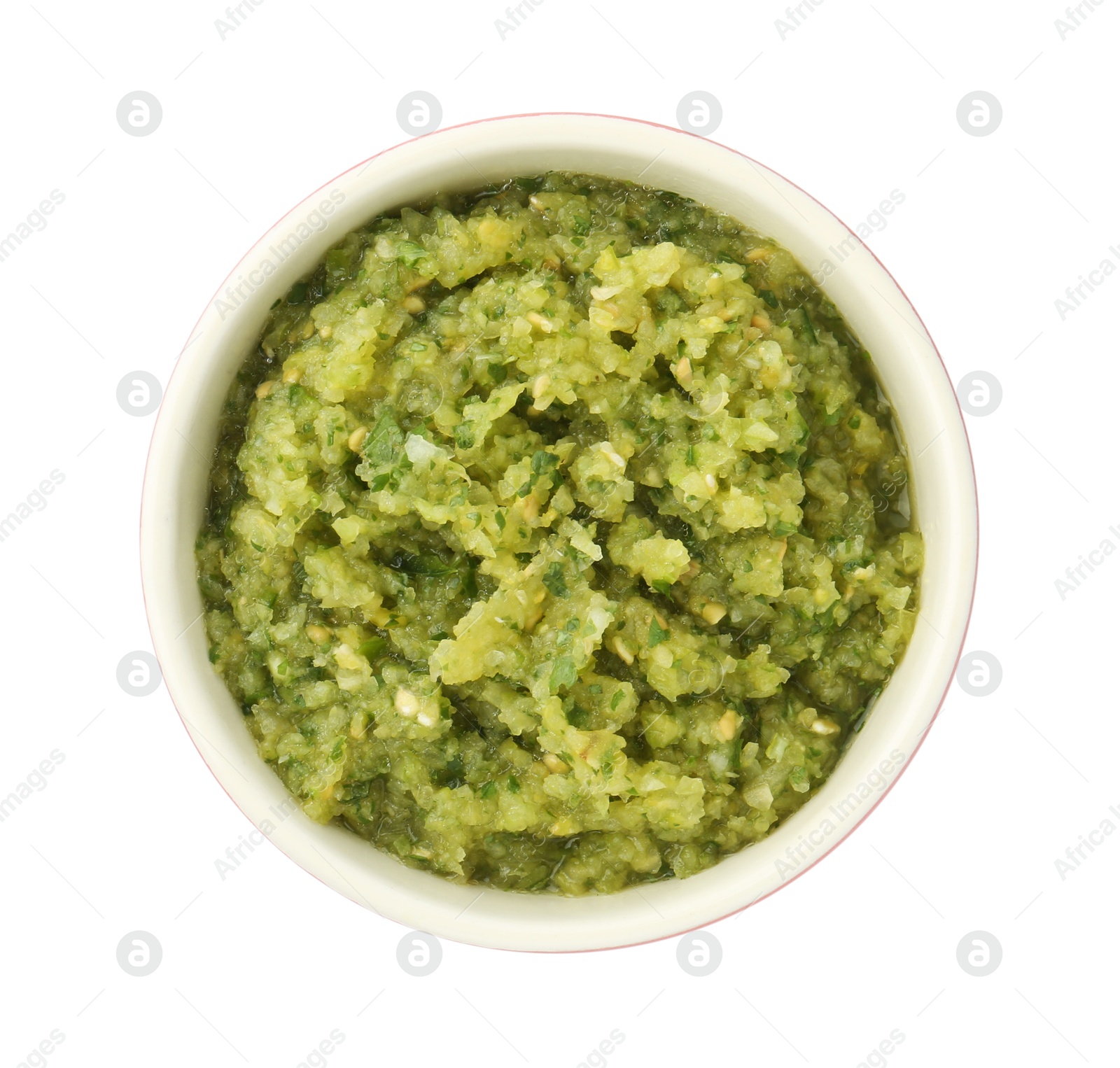 Photo of Delicious homemade green salsa isolated on white, top view