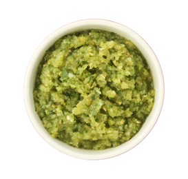 Photo of Delicious homemade green salsa isolated on white, top view