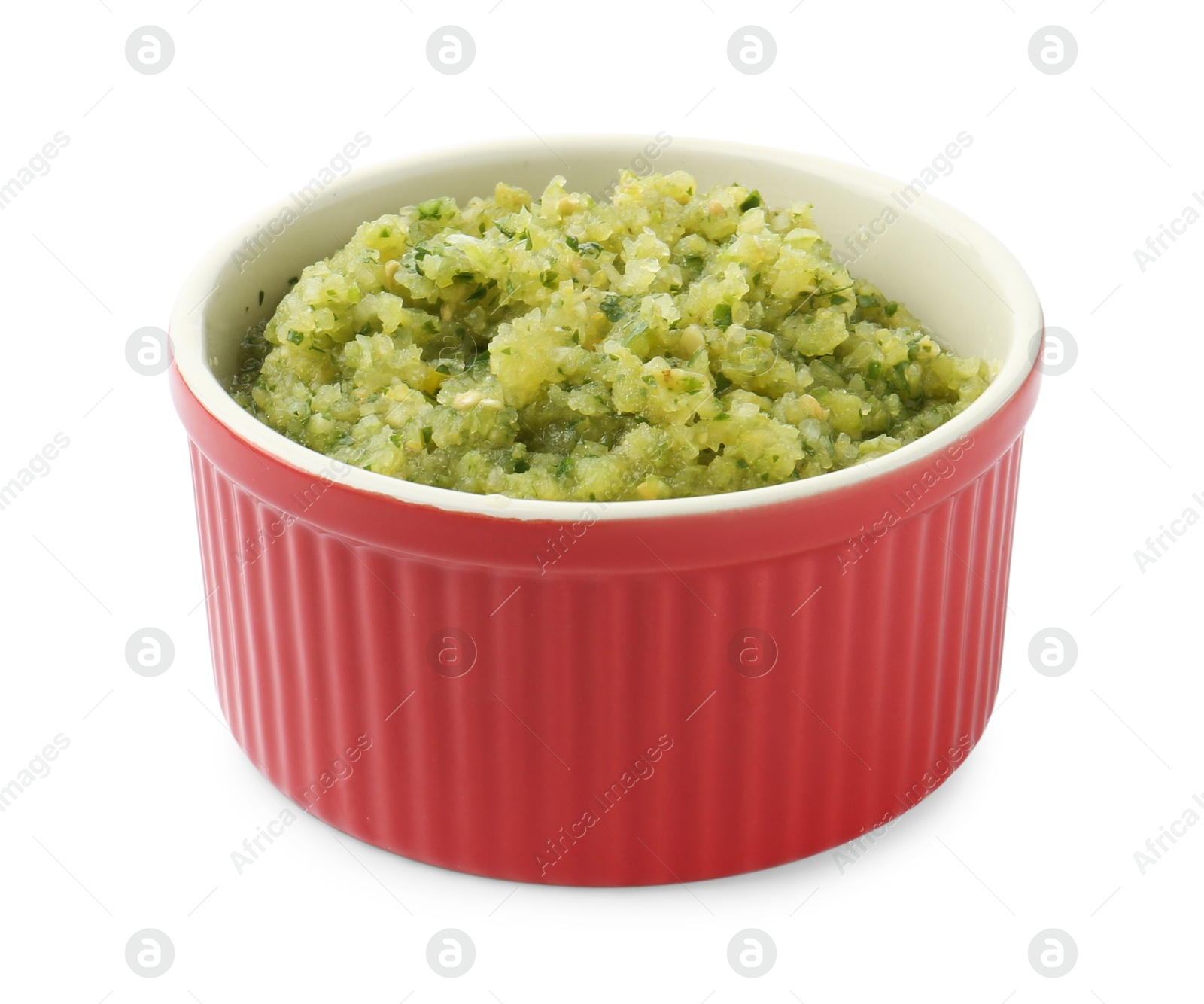 Photo of Delicious homemade green salsa isolated on white