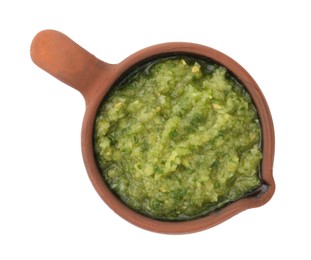 Photo of Delicious homemade green salsa isolated on white, top view