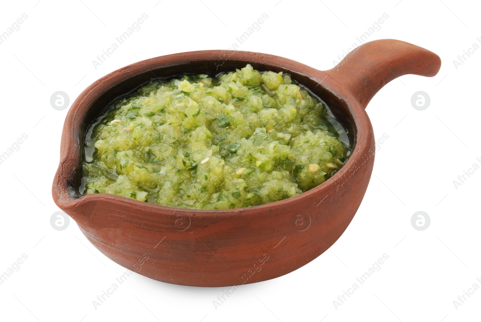 Photo of Delicious homemade green salsa isolated on white