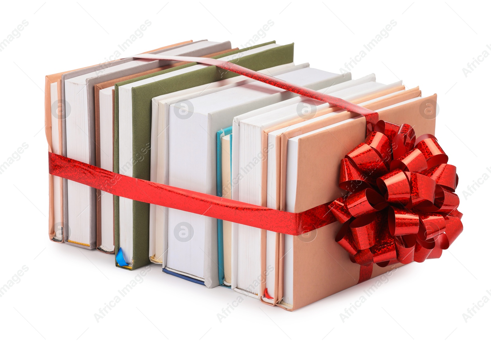 Photo of Books with red bow as gift isolated on white