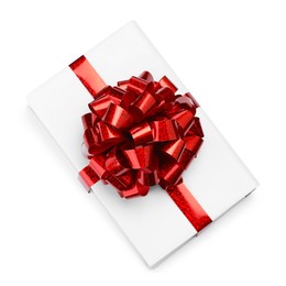 Photo of One book with red bow as gift isolated on white, top view