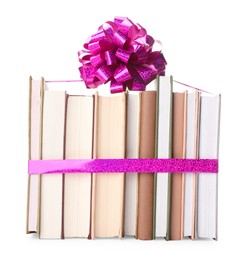 Photo of Books with purple bow as gift isolated on white